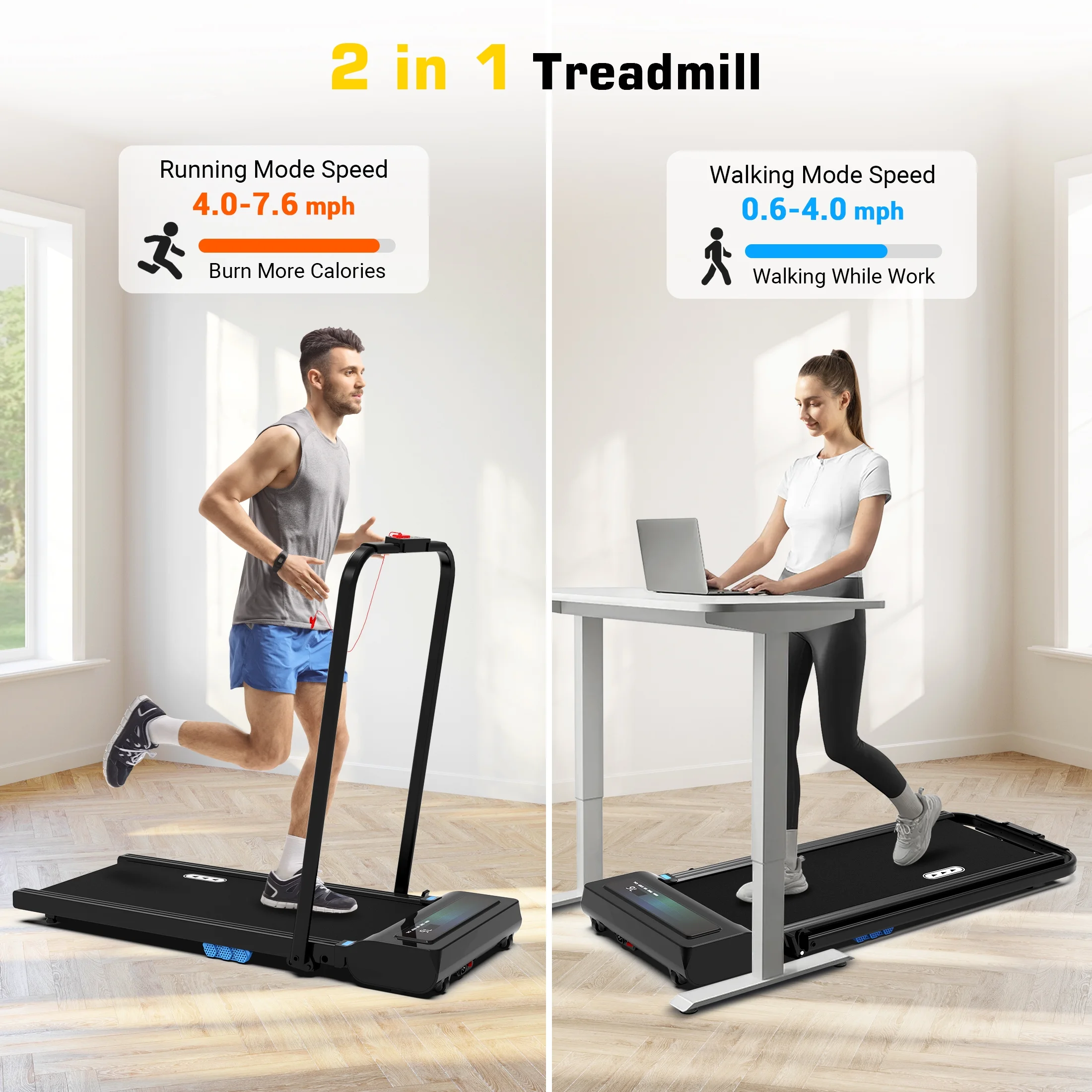 Hapycity 2 in 1 Under Desk Folding Treadmills Walking Running Machine 7.6MPH for Home Office Black - Womvr