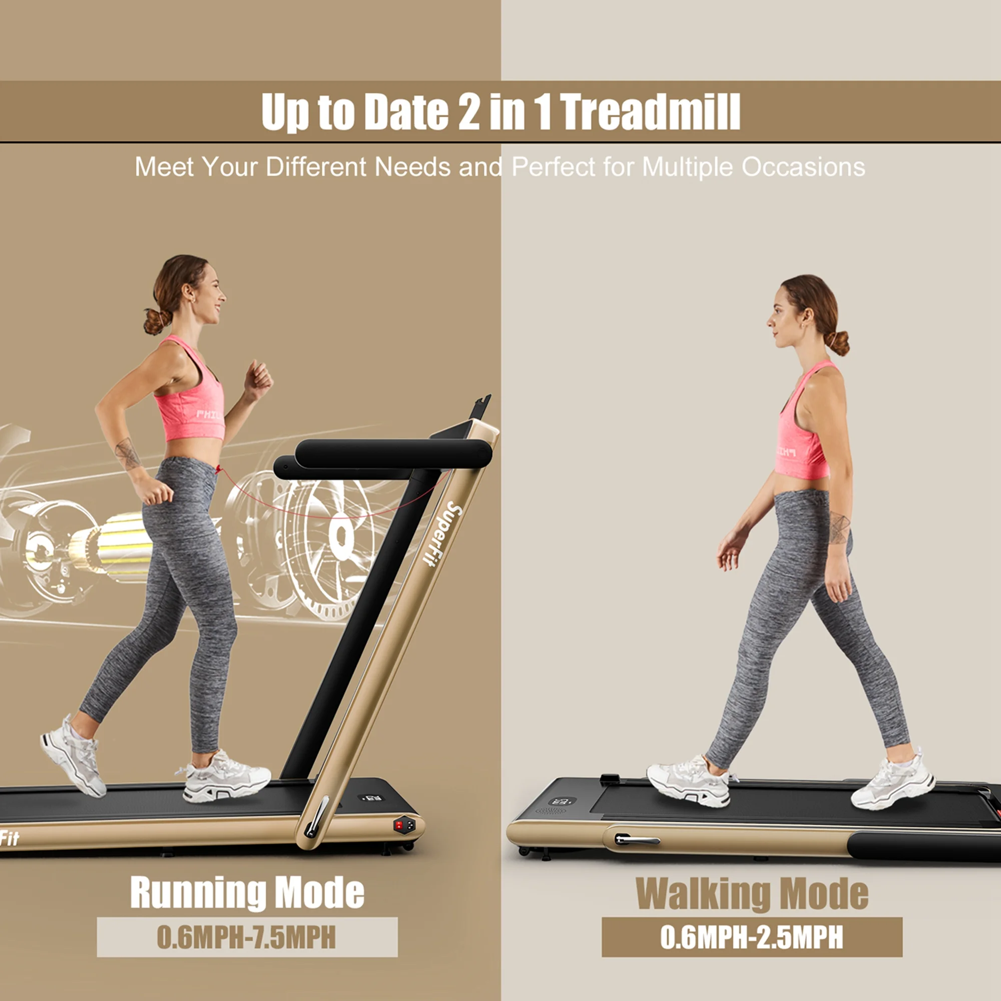 SuperFit Up To 7.5MPH 2.25HP 2 in 1 Single Display Screen Folding Treadmill Remote Control W/ APP Control Speaker Black - Womvr