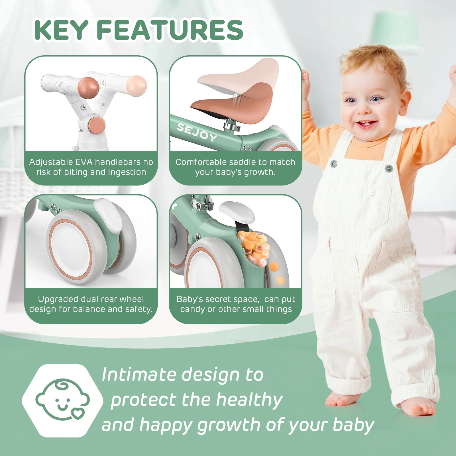 Sejoy Baby Balance Bike, Toddler Baby Bicycle with 4 Wheels for 10-36 Months, Adjustable Handlebar Baby Outdoor Bike Riding Toy, First B-day Gift - Womvr