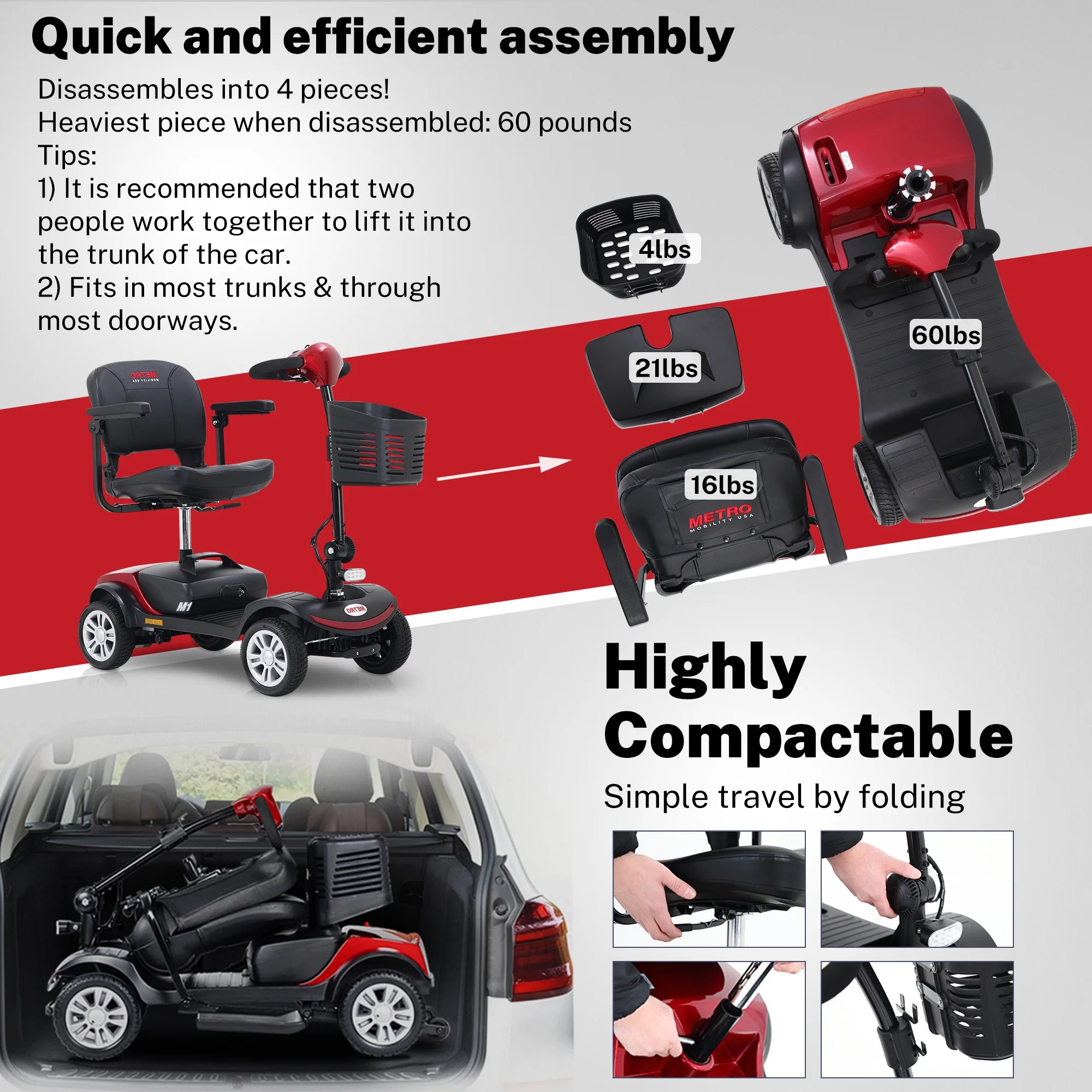 Segmart Mobility Scooter for Elderly, Durable Heavy Duty 4 Wheel Seniors Mobile Device with Lights, 300lbs, Red - Womvr