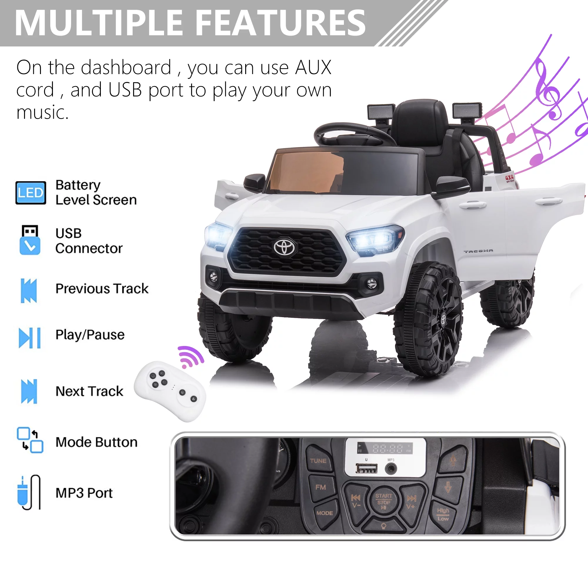 Licensed Toyota Tacoma Electric Ride on Vehicle for Kids, 12V Powered Ride on Car Toys with Remote Control, LED Lights, MP3 Player, Gray - Womvr