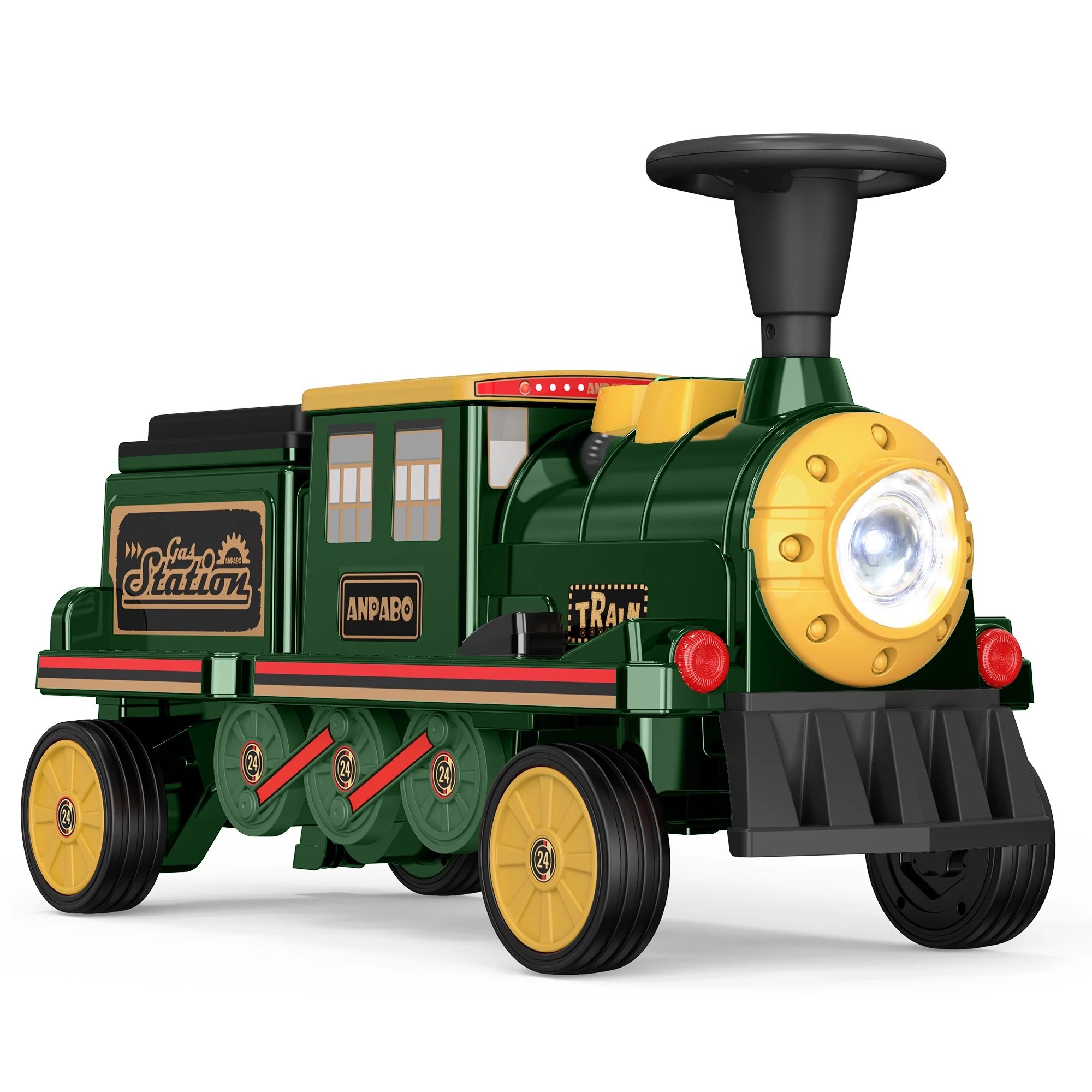 TOKTOO 12Volt 2 Seater Kids Ride on Train W/ Rubber Wheels, Storage Box, LED Headlight, Music Player-Black Red - Womvr