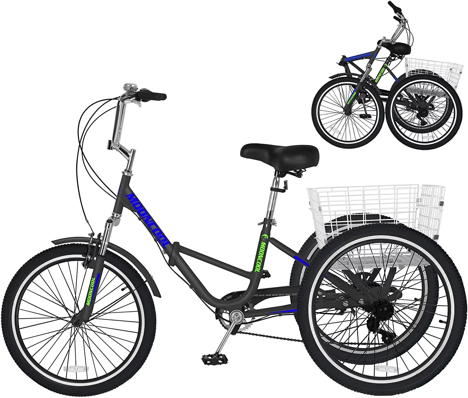 MOONCOOL Adult Folding Tricycle, 7 Speed 20/24/26 inch Adult Tricycles, Three Wheel Bike Cruiser Trike with Large Basket - Womvr