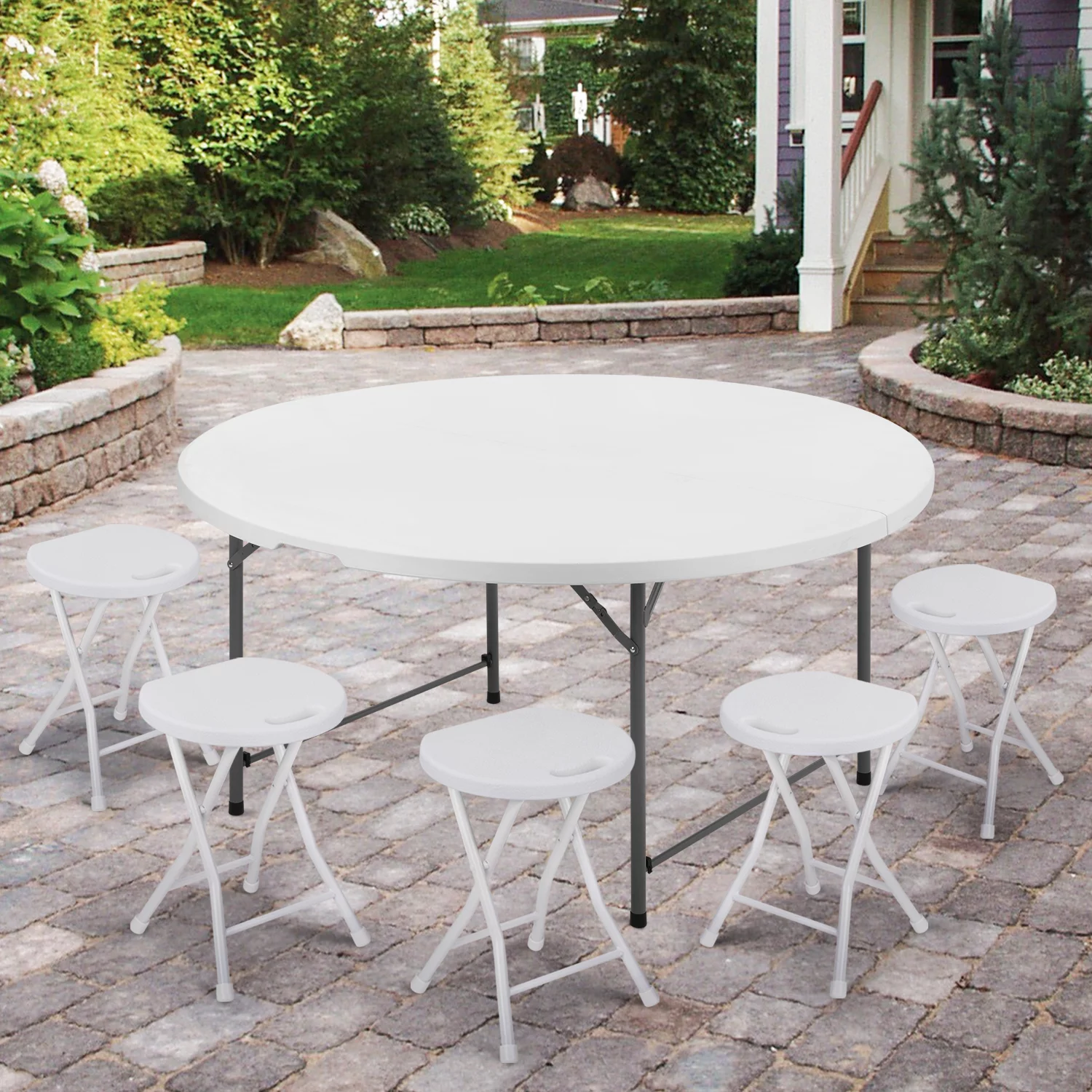 MoNiBloom 5 foot Round Bi-Fold Plastic Table, Metal Frame Indoor Outdoor 60 Inch Foldable Desk for Kitchen Party Wedding, Grey - Womvr
