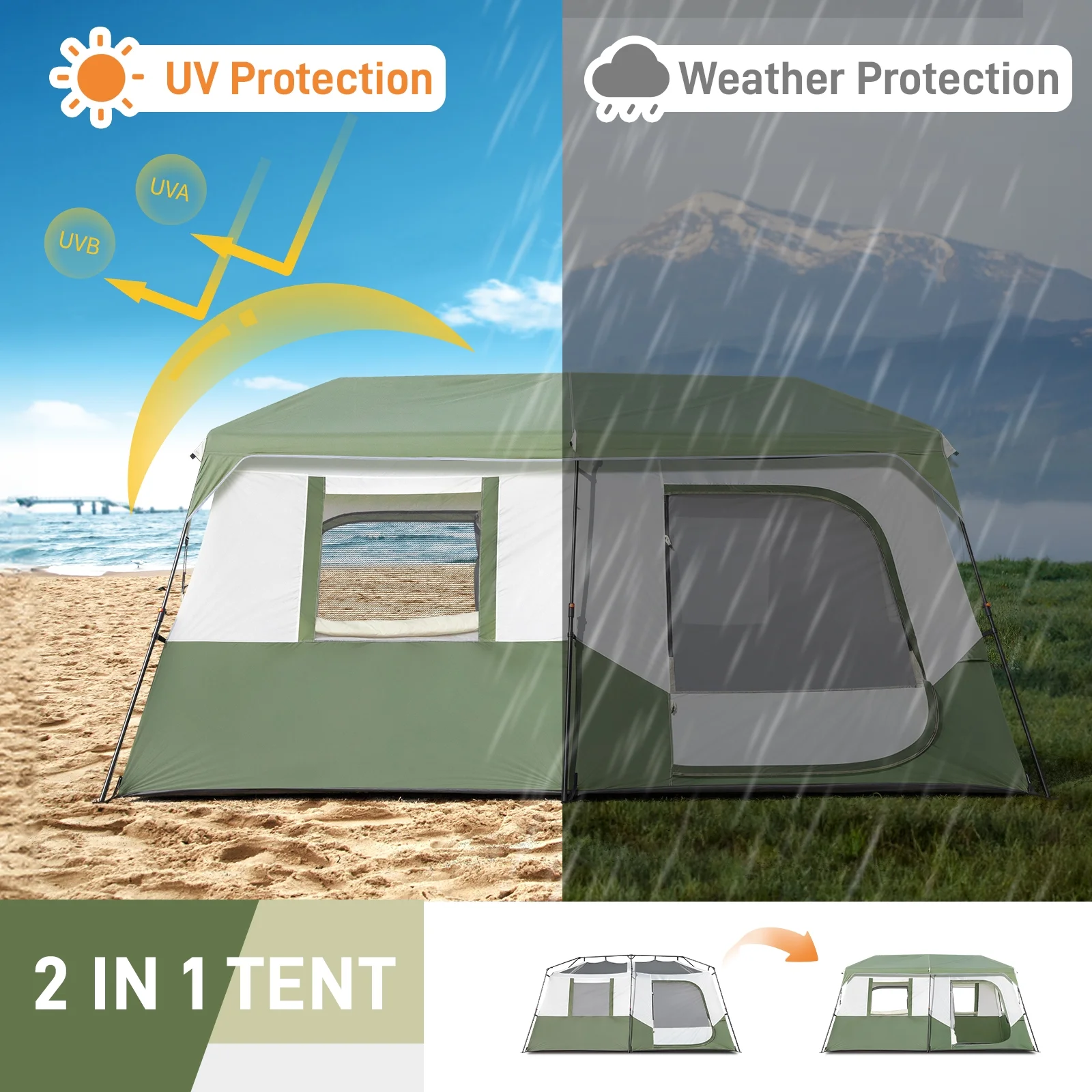 Zimtown Family Camping Tents 10 People Three Rooms Polyester Cloth Fiberglass Poles Dark Gray - Womvr