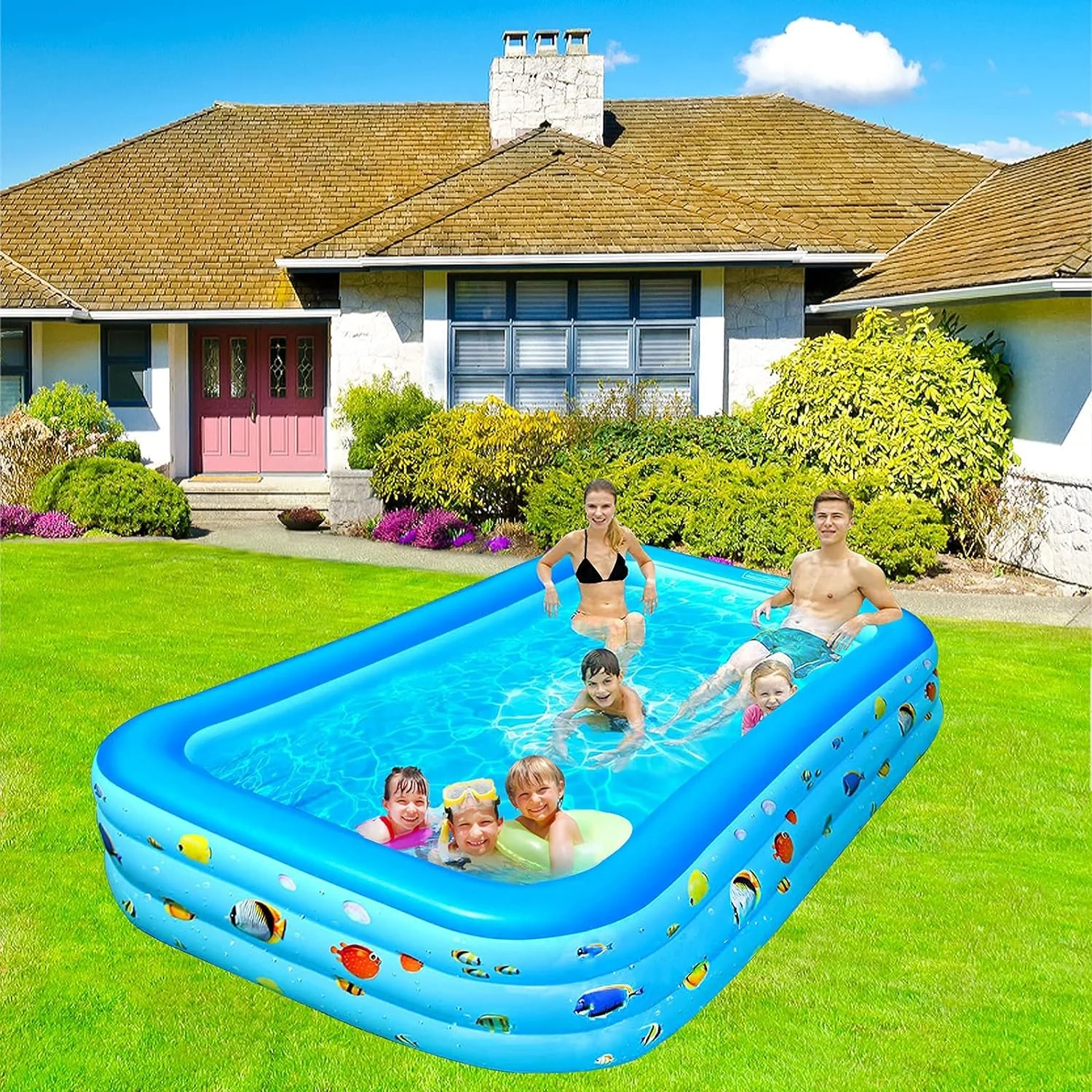 Elemore Home Inflatable Pool, 9.83 x 6 x 1.83 ft Family Swimming Pools for Kids, Toddlers, Infant, Adult, Rectangular, Thickened - Womvr