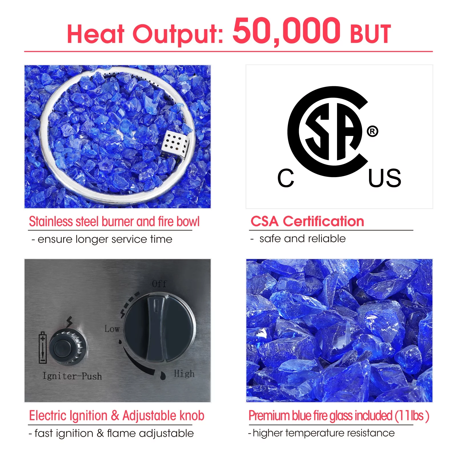 MF Studio 28'' Gas Fire Pit Table with 50,000 BTU Heat Output & Blue Fire Glass, Black - Womvr