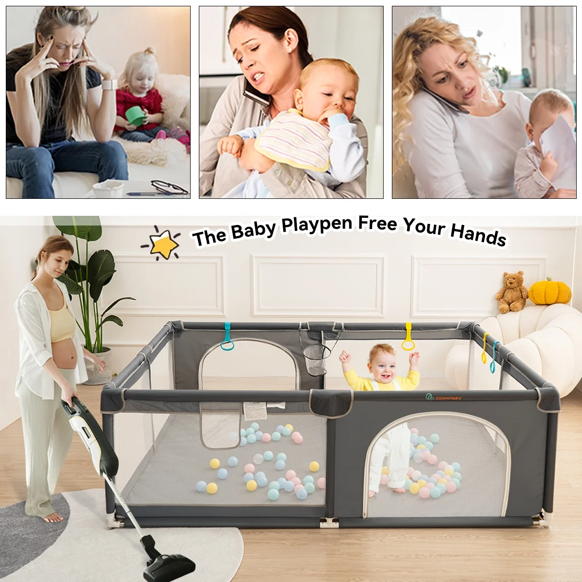 Baby Playpen, 63x63'' Large Baby Playard, Infant Activity Center with Anti-Slip Base, Gray - Womvr