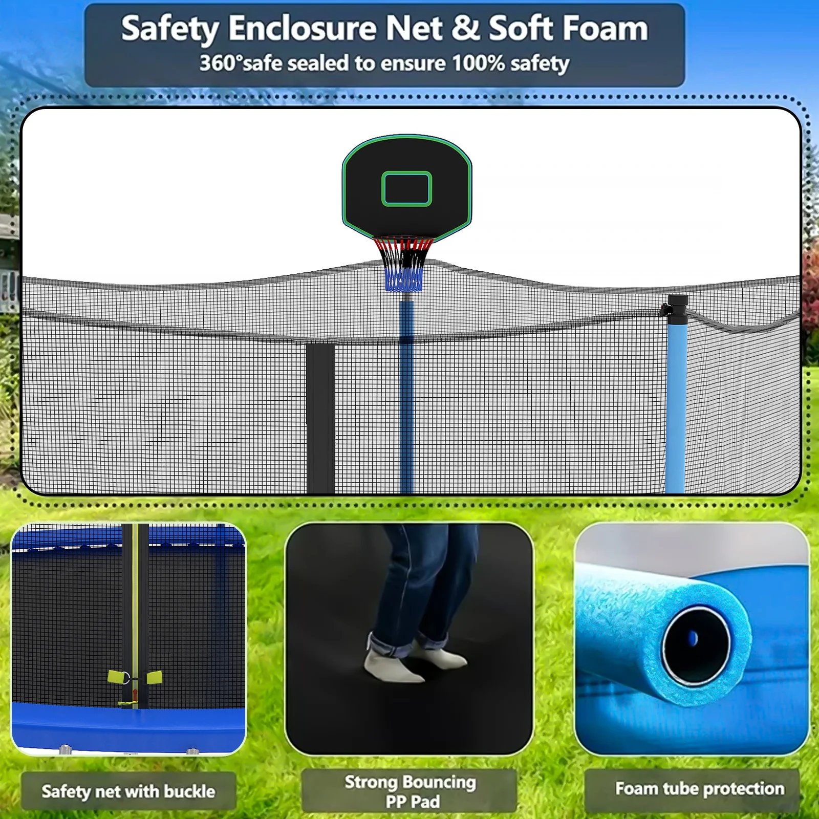 SEGMART 14FT Blue Trampoline for Kids with Basketball Hoop and Enclosure Net/Ladder, Blue - Womvr