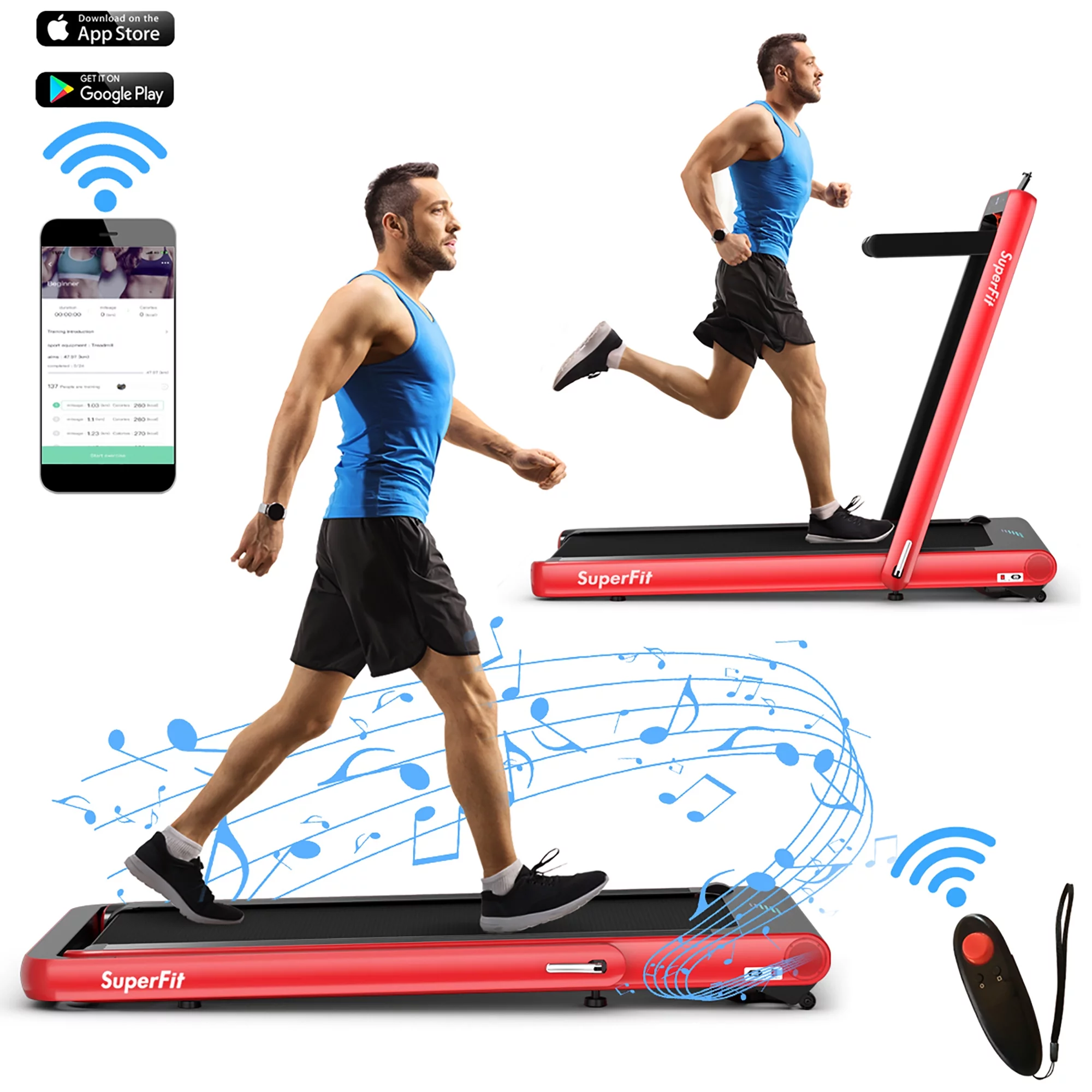 SuperFit 4.75HP 2 In 1 Folding Treadmill W/Remote APP Control White - Womvr