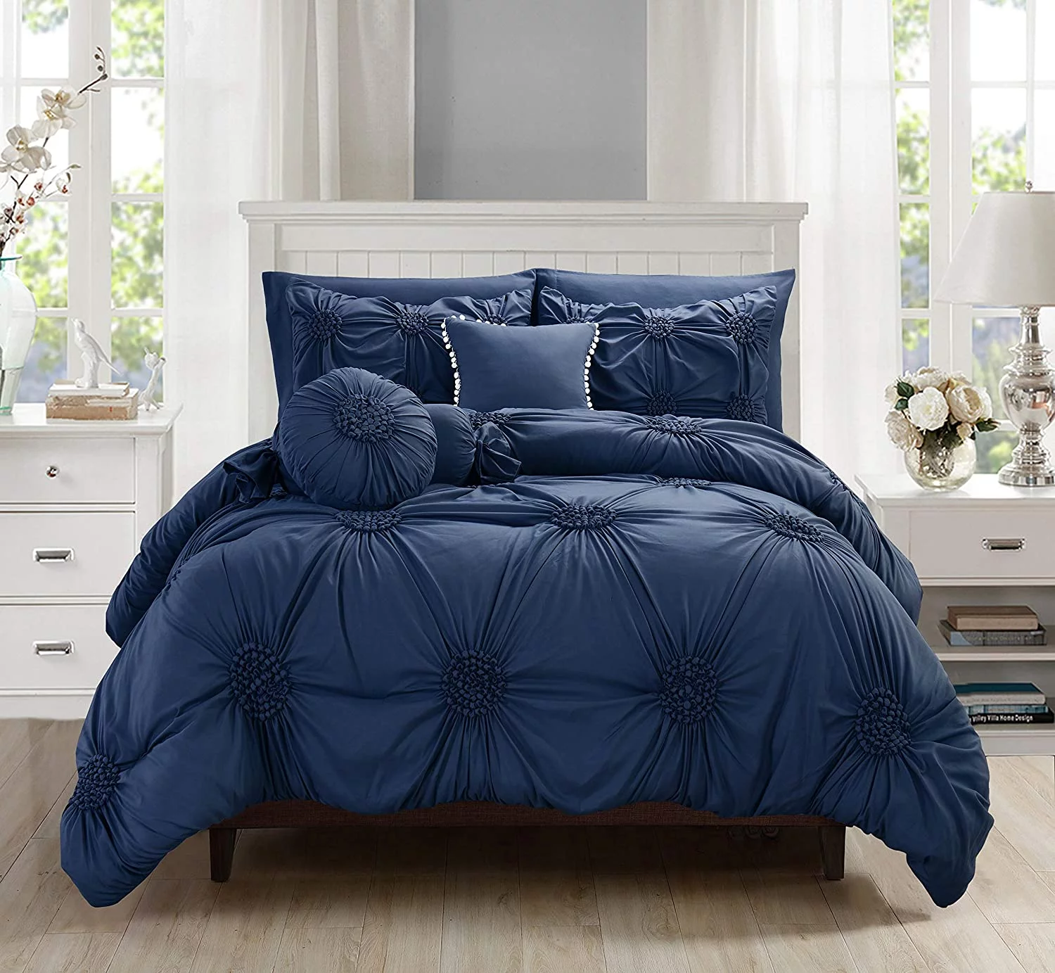 10-Piece Bed-In-A-Bag Sunflower Comforter Set King/Cal King Navy Blue - Womvr