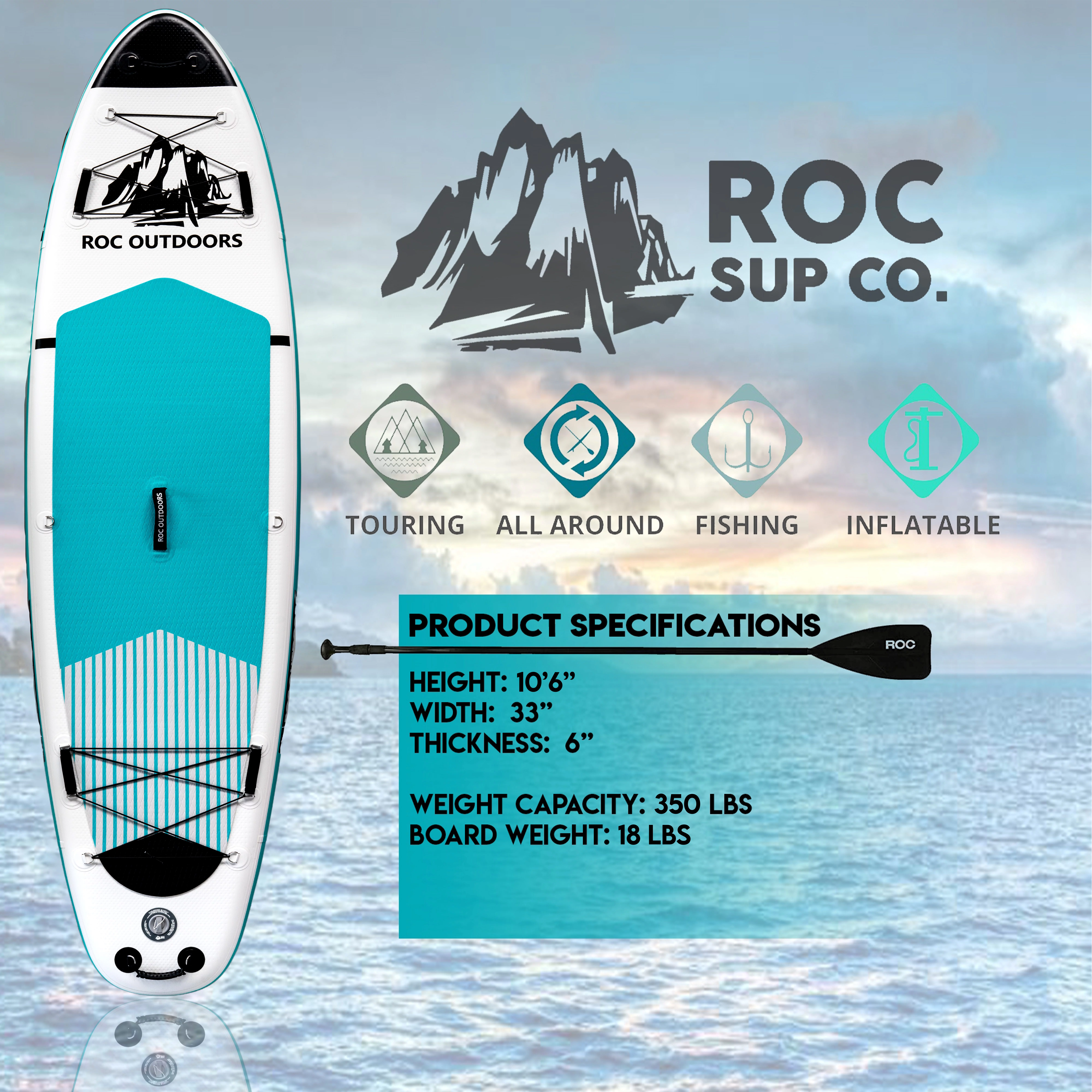 Roc Inflatable Stand Up Paddle Board with Premium sup Accessories & Backpack, Non-Slip Deck, Waterproof Bag, Leash, Paddle and Hand Pump - Womvr