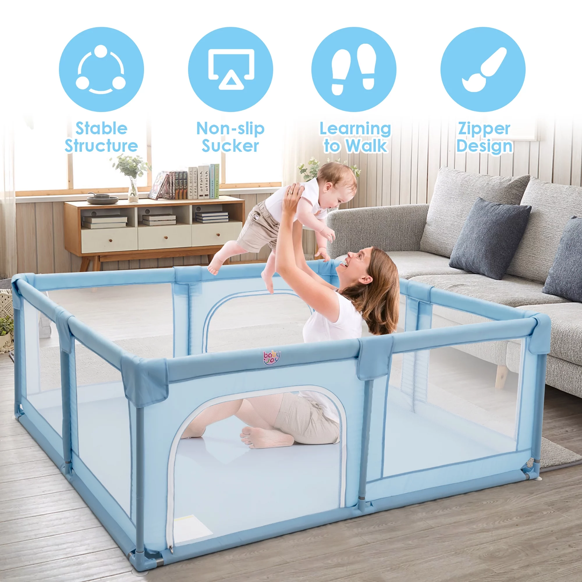 Babyjoy Playpen Extra Large Unisex Kids Baby Activity Center Safety Play Yard with Gate Gray - Womvr