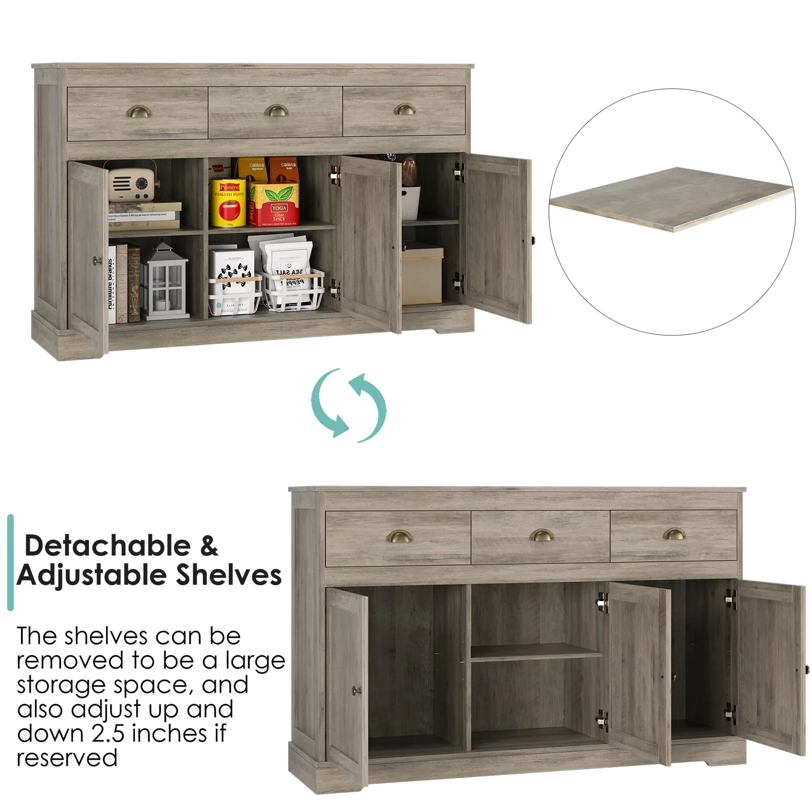 Homfa Sideboard Storage Cabinet with 3 Drawers & 3 Doors, 53.54'' Wide Buffet Cabinet for Dining Room, White - Womvr