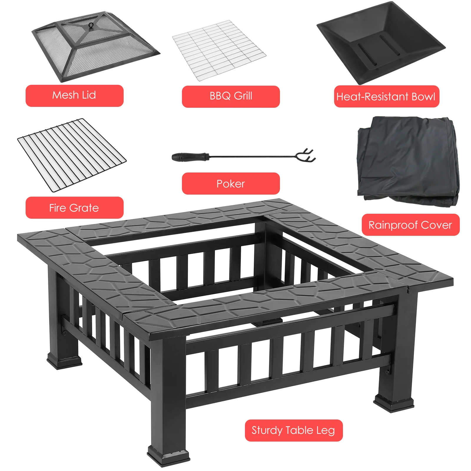 LAZY BUDDY Steel Fire Pits for Outside, 32'' Square Wood Burning Fire Pit Table, Outdoor Patio BBQ Firepit Bonfire Party - Womvr