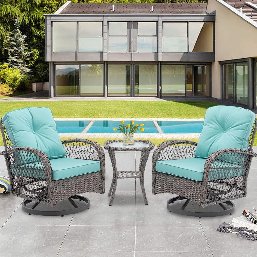 3 Piece Outdoor Bistro Swivel Chairs Set, Patio Bistro Set w/ 360° Swivel Rocking Chairs & Table, All-Weather Conversation Set with Metal Frame for Patio Backyard Porches or Garden - Khaki - Womvr