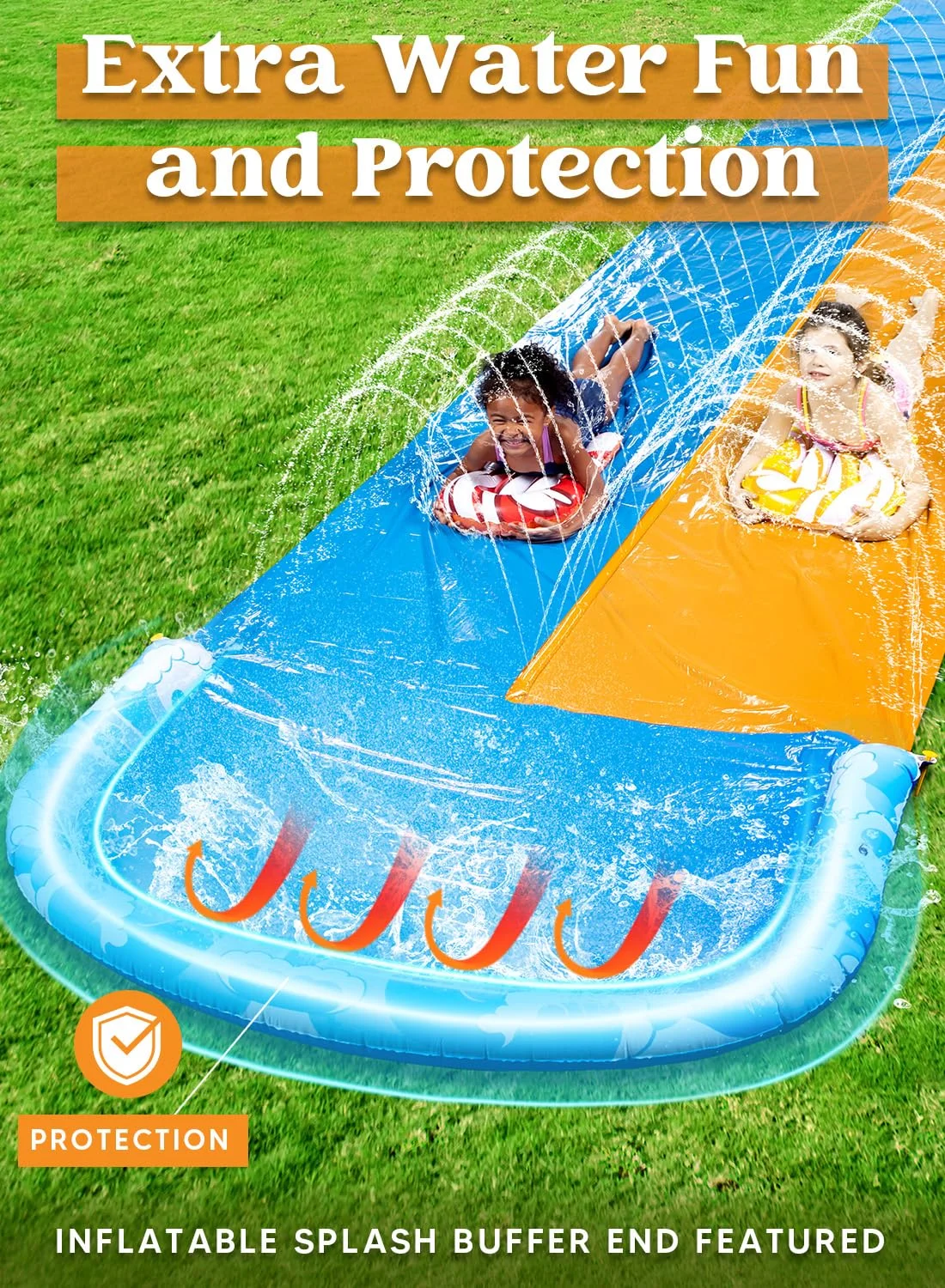 Syncfun 22.5ft Water Slides and 2 Bodyboards, Lawn Backyard Waterslides Water Toy with Build Sprinkler for Kids Outdoor Water Fun - Womvr