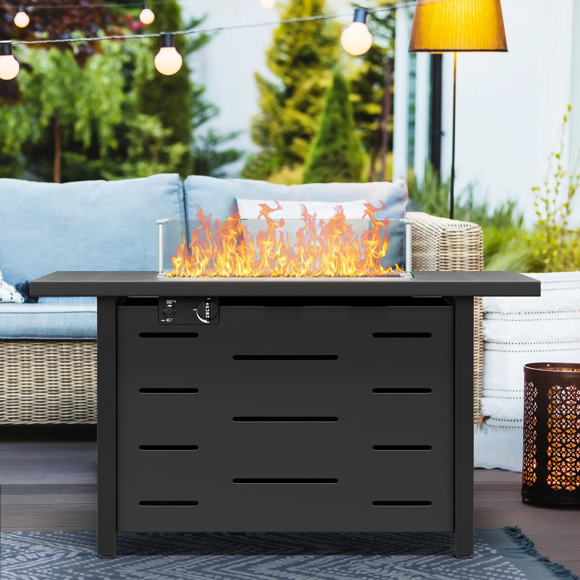 Walsunny 43 Inch Outdoor Fire Pit Table Propane Gas with Lid and Lava Rock 50000 BUT Fire Table with Glass Wind Guard and Waterproof Cover - Womvr