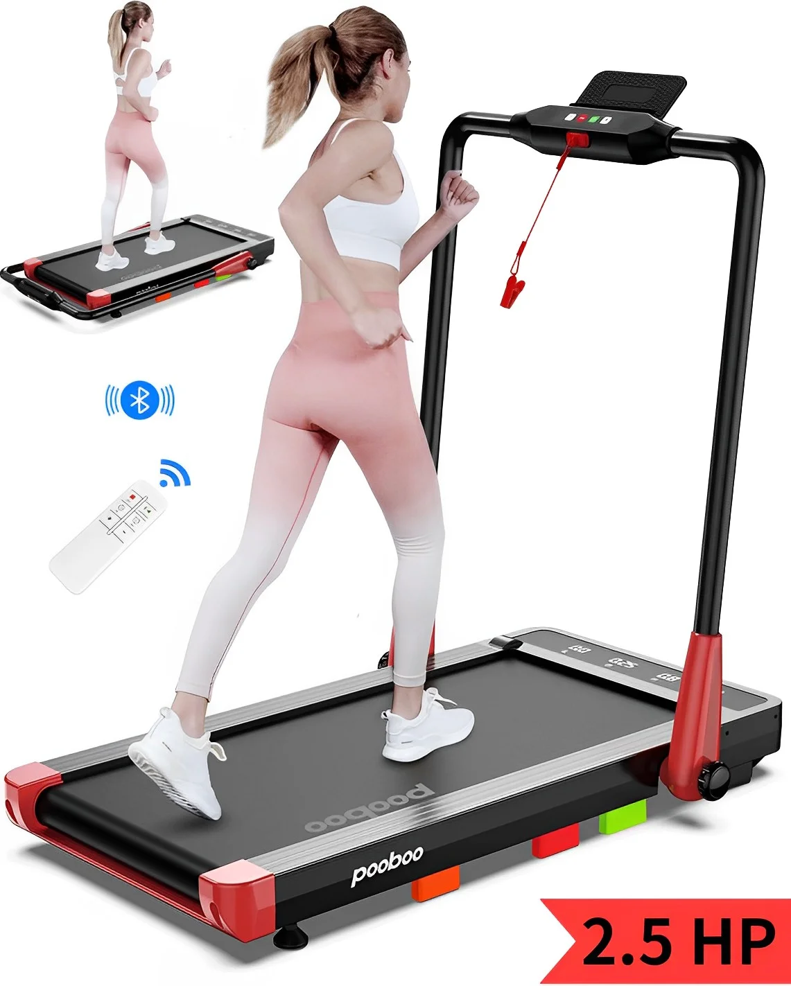Pooboo 2.5 HP Under Desk Treadmill 2 in 1 Folding Treadmill Brush-less Walking Jogging Machine with App & Remote Control Led Touch Screen Walking Pad for Office Home Use 265lbs - Womvr