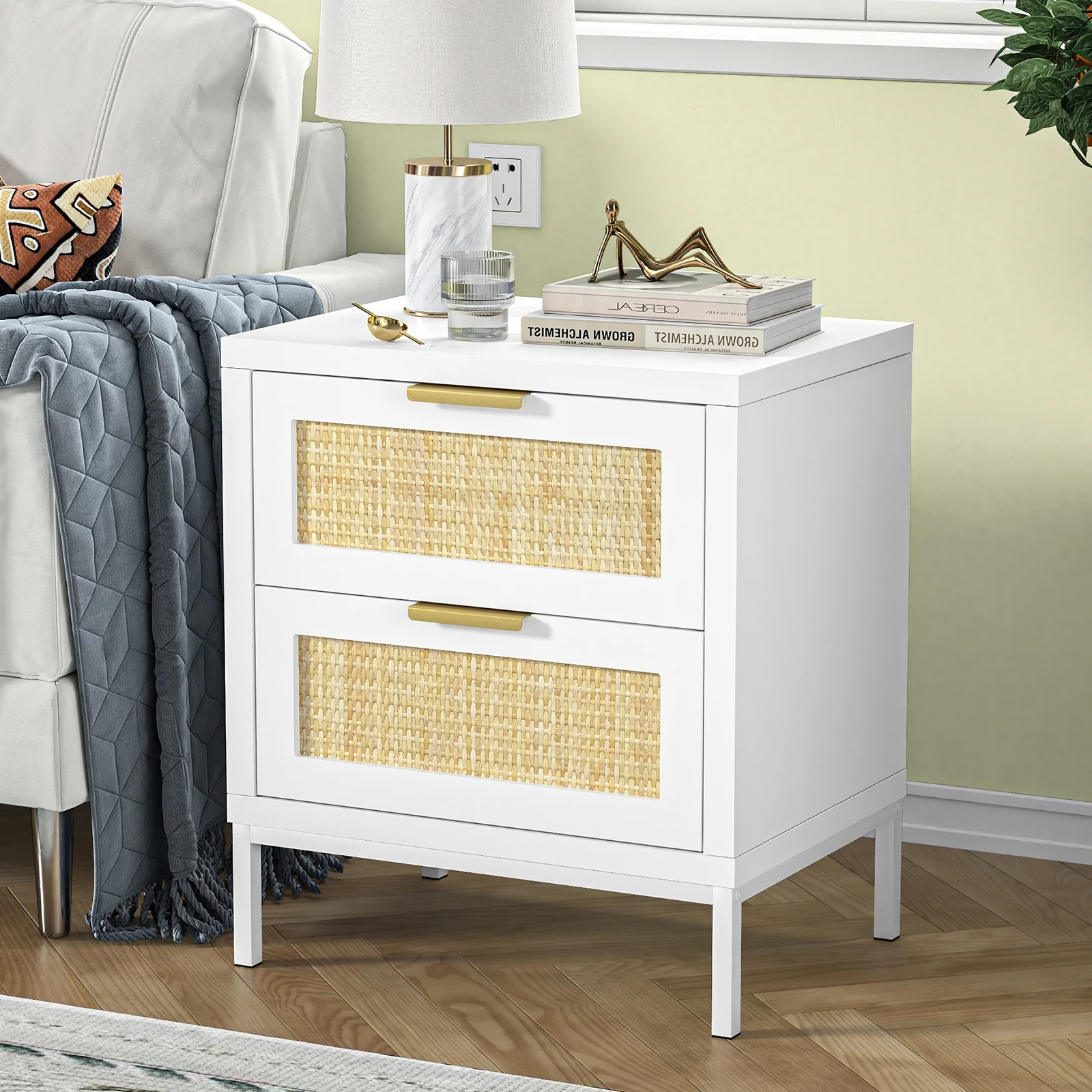 Eumyviv Modern Farmhouse Nightstands with 2 Rattan Drawer,Wood Bedside Table Storage Cabinet for Bedroom, Living Room,Natural Oak H0021 - Womvr