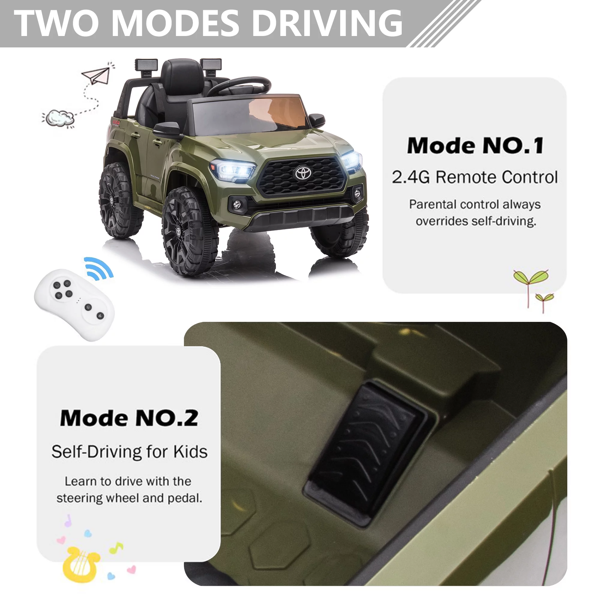 Licensed Toyota Tacoma Electric Ride on Vehicle for Kids, 12V Powered Ride on Car Toys with Remote Control, LED Lights, MP3 Player, Gray - Womvr