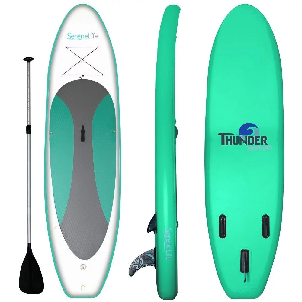 SereneLife Thunder Wave SUP - 10 Foot Inflatable Stand Up Water Paddle Board, Leash, Paddle, Pump & Bag - Green - Womvr