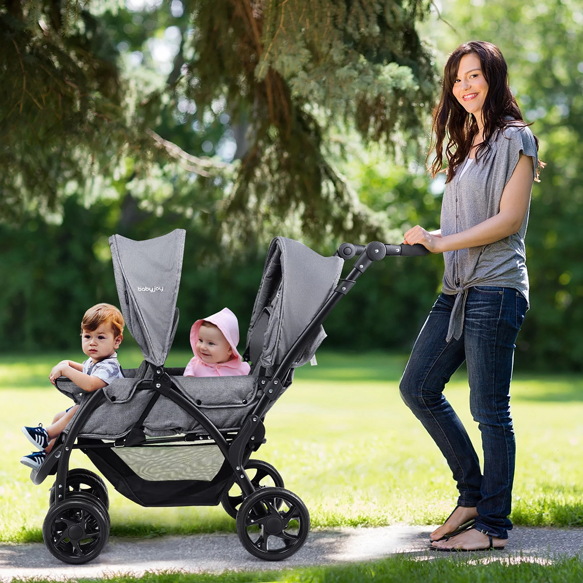 Babyjoy Double Stroller Foldable Baby Twin Lightweight Travel Stroller Infant Pushchair Black - Womvr