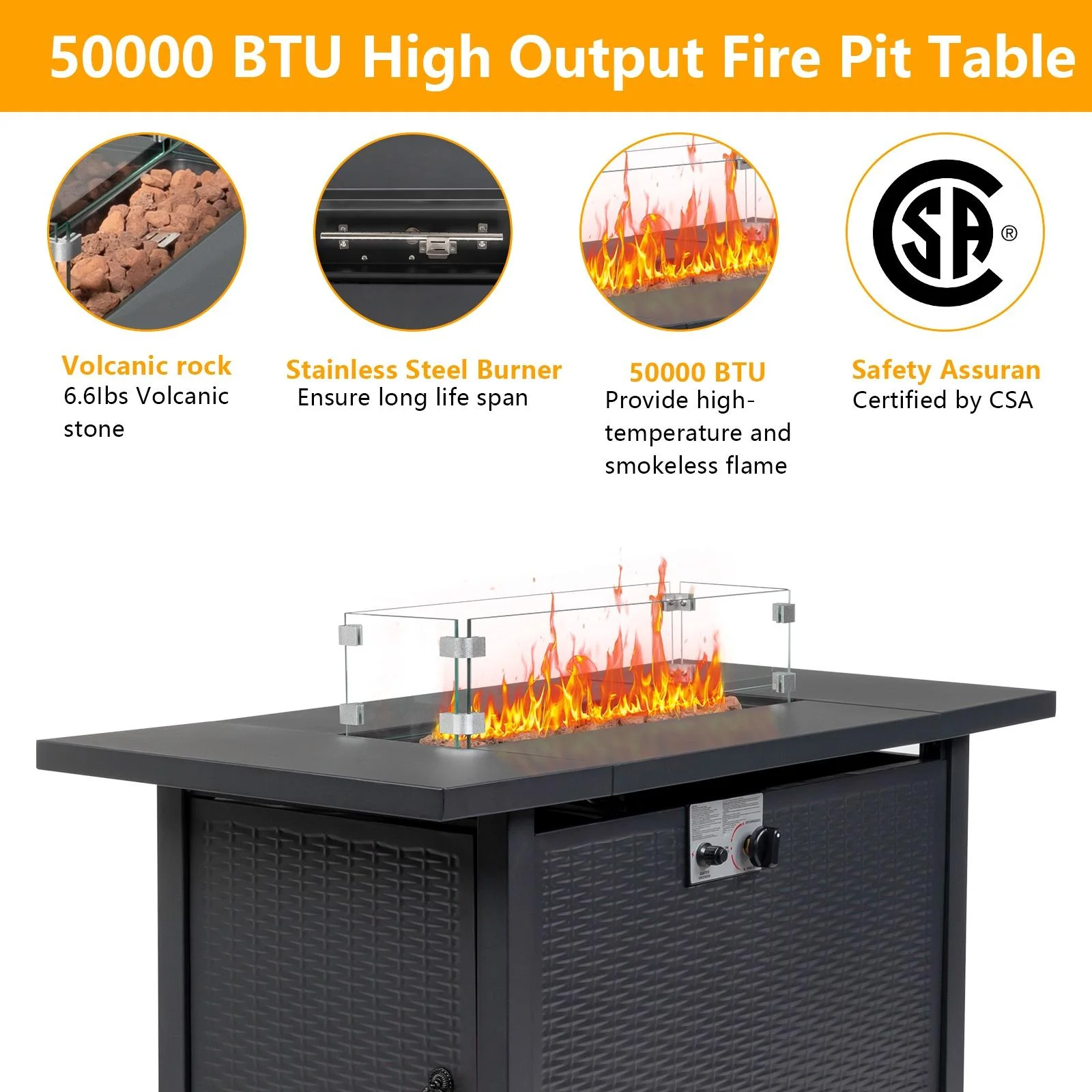SEGMART 43'' Propane Fire Pit, 50,000 BTU Auto-Ignition Gas Fire Pit Table, Outdoor Fire Tables with Rain Cover, Lid and Tempered Glass Wind Guard for Outside, Garden, Backyard - Womvr