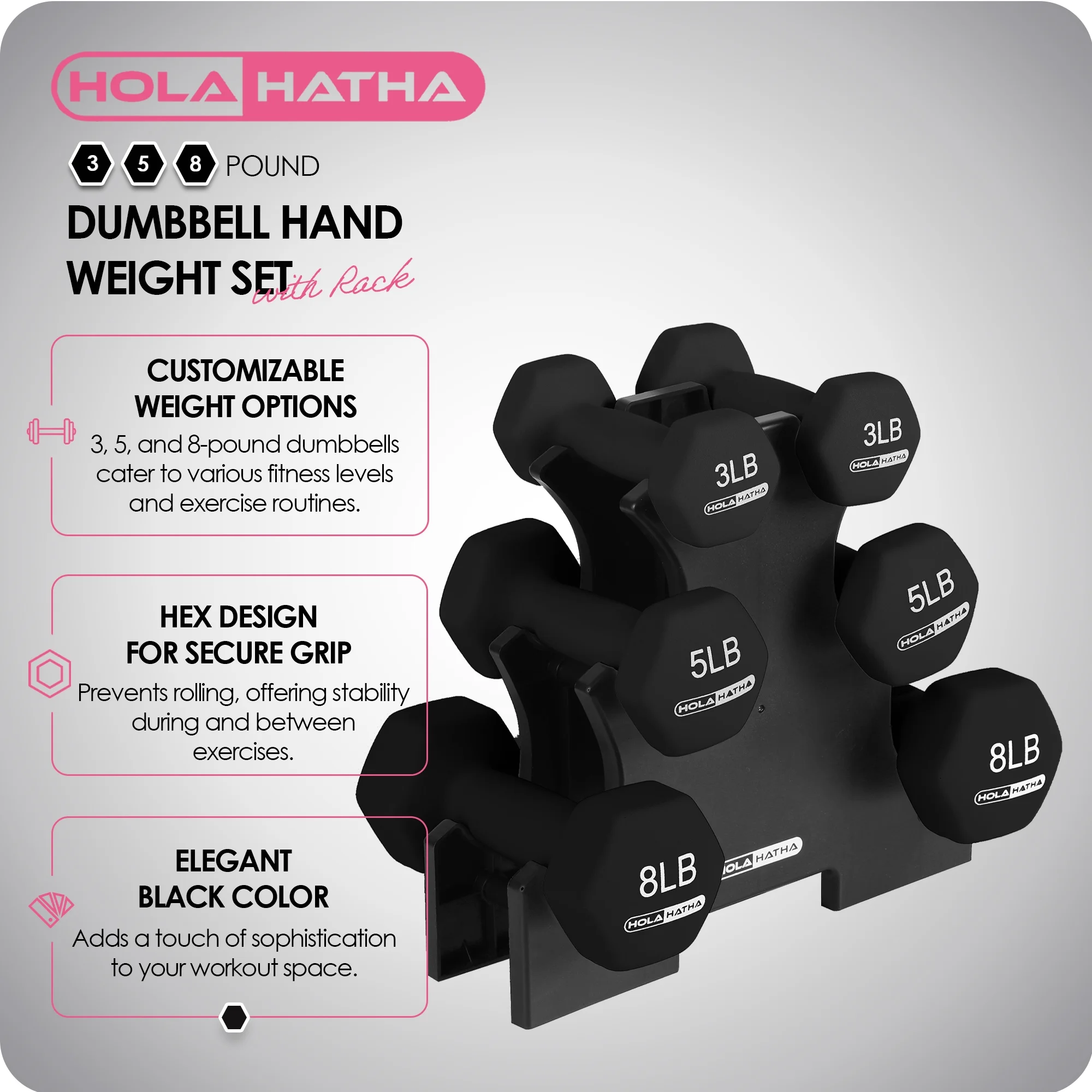 HolaHatha 3, 5, and 8 Pound Dumbbell Hand Weight Set with Storage Rack, Multi - Womvr