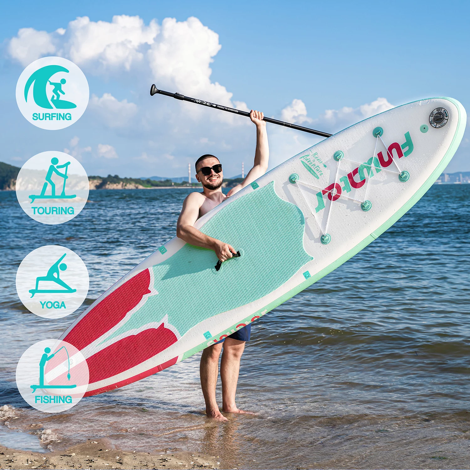 FUNWATER Inflatable Stand Up Paddle Board, SUP Light Blue pink Board 11'x33''x6'' (LxWxH), Premium Free Backpack and Paddle Fin Accessories - Womvr