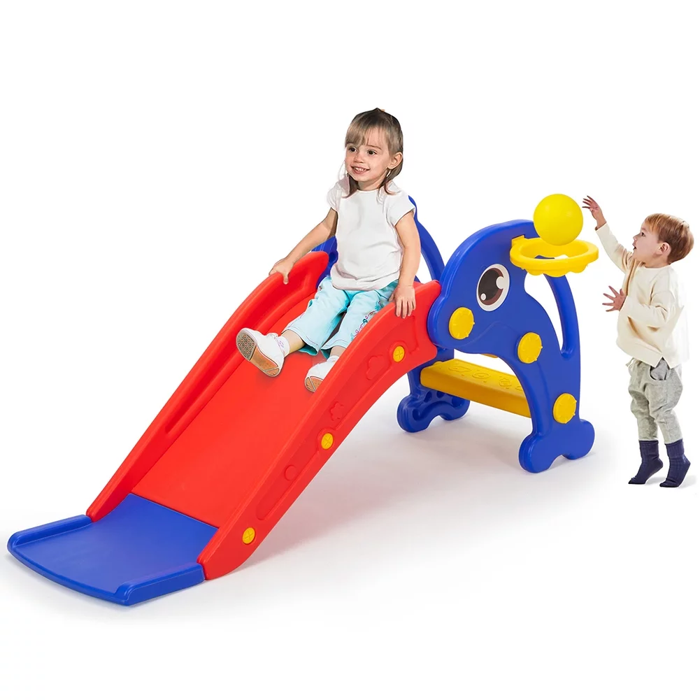 Kepooman Toddler Slide, Play Slide for Outdoor and Indoor, Dolphin Slide with Basketball Hoop, Ball and Ladder, Red and Blue - Womvr