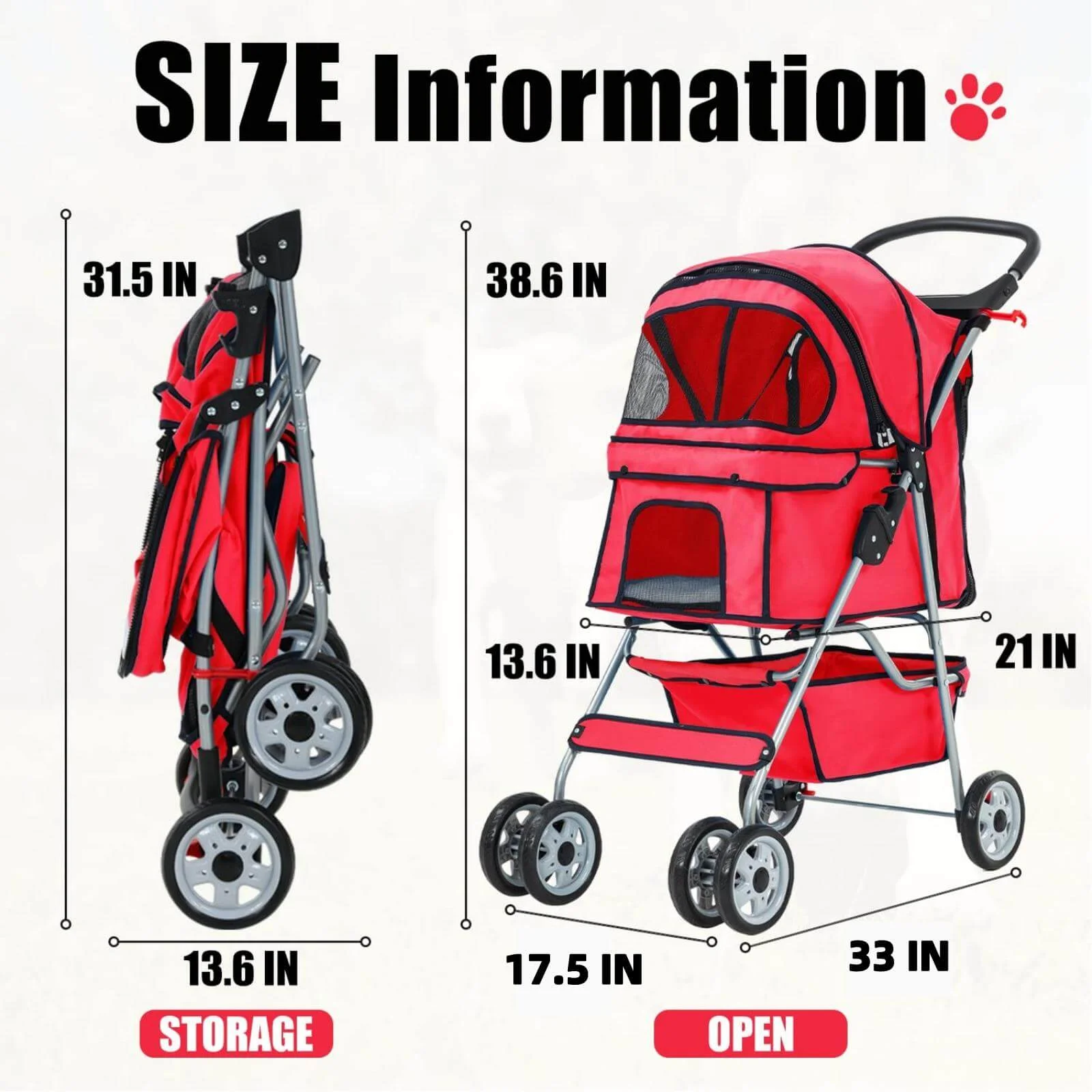 4 Wheels Pet Stroller Foldable Dog Stroller Cat Stroller with Storage Basket & Removable Liner, Travel Lite Foldable Carrier Strolling Cart for Dogs Cats, Black - Womvr