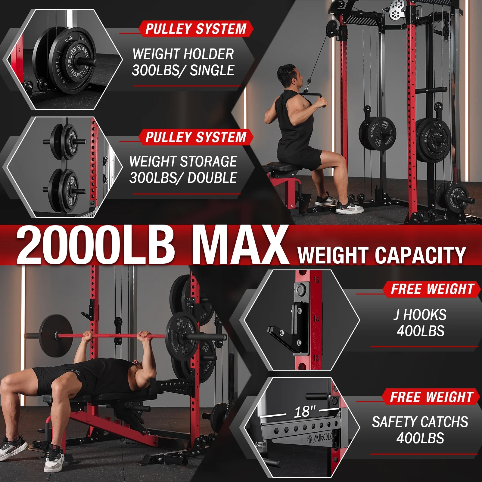 Mikolo Power Rack Cage, 1500 lbs Weight Rack with Cable Crossover Machine,Multi-Function Squat Rack with J Hooks,Dip Bars and Landmine for Home Gym (Black), Plate Loaded Machine - Womvr