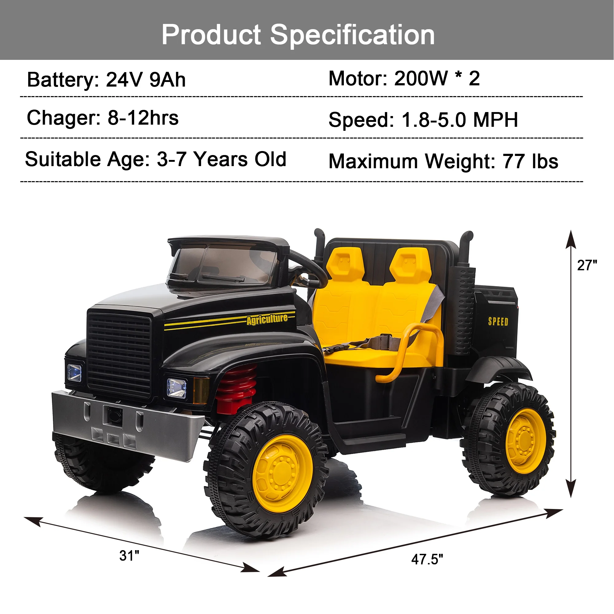 Hikiddo JC222 24V Ride on Toy, Kids Ride On Dump Truck 2 Seater with Remote - Womvr