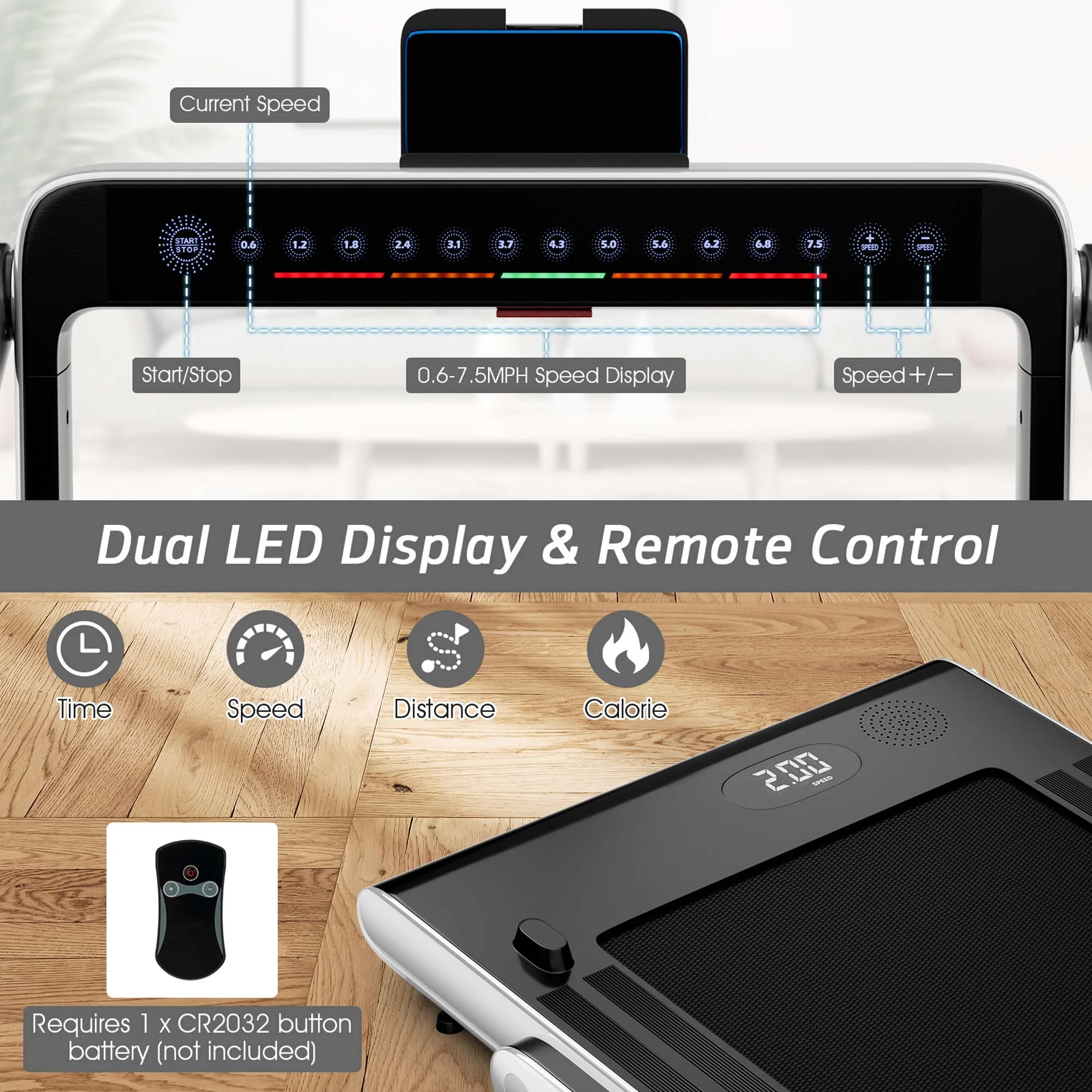 SuperFit Up To 7.5MPH 2.25HP 2 in 1 Dual Display Screen Folding Treadmill Jogging Machine W/APP Control Silver - Womvr