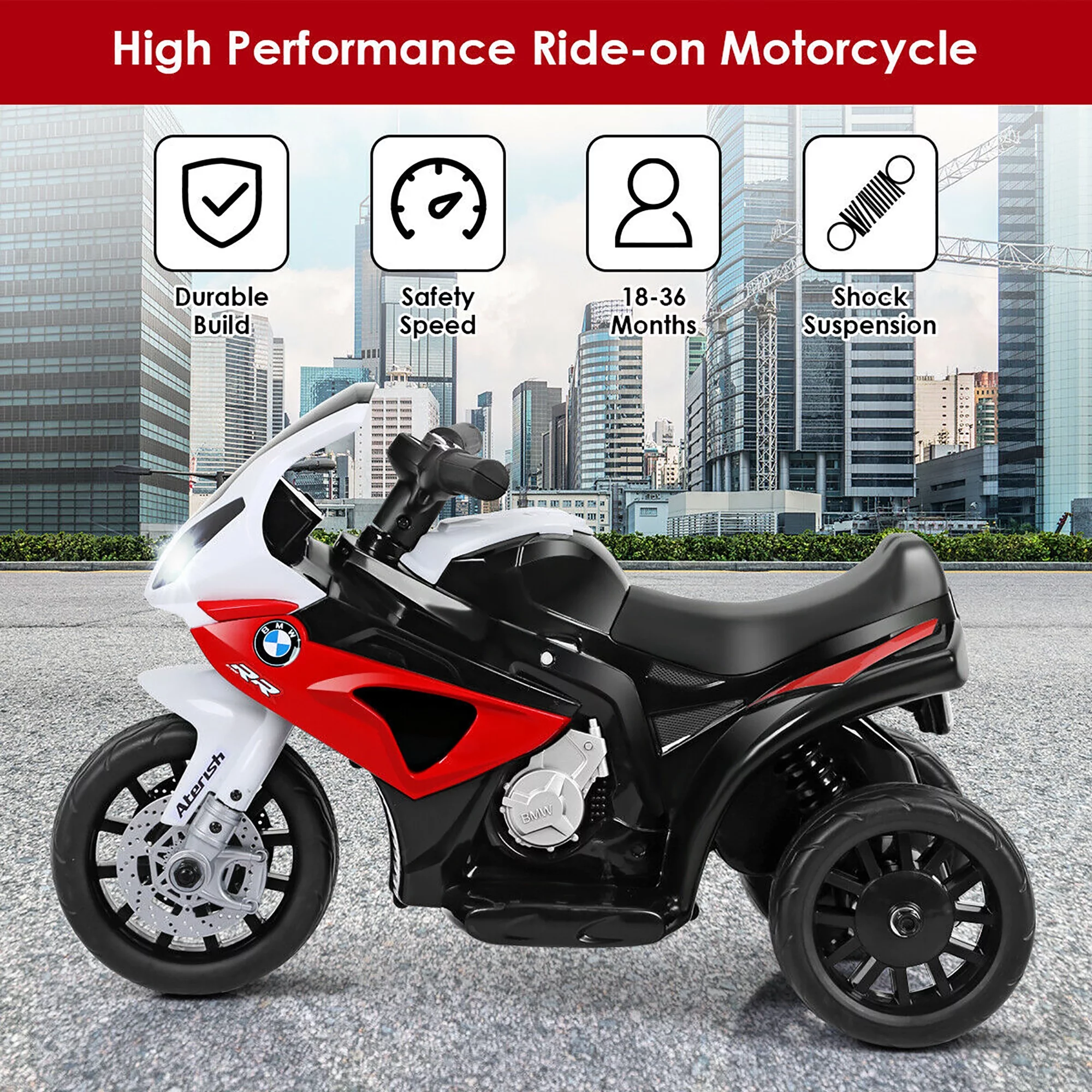 Costway Kids Ride On Motorcycle BMW Licensed 6V Electric 3 Wheels Bicycle with Music & Light (Suitable for 18-36 Months Age) - Womvr