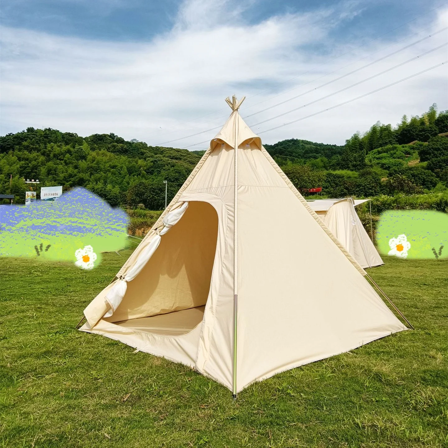 7'x7'x6.5'Outdoor Cotton Canvas 2-3 Person Bell Teepee Tent with Double Door  Pyramid Tents for Family Camping - Womvr
